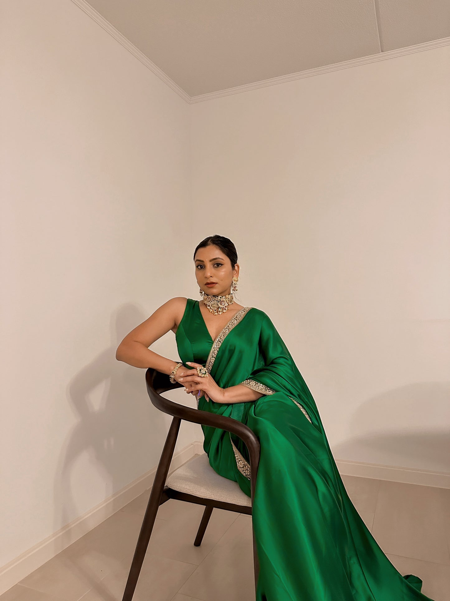 Green Satin Saree Set ( Blouse included )