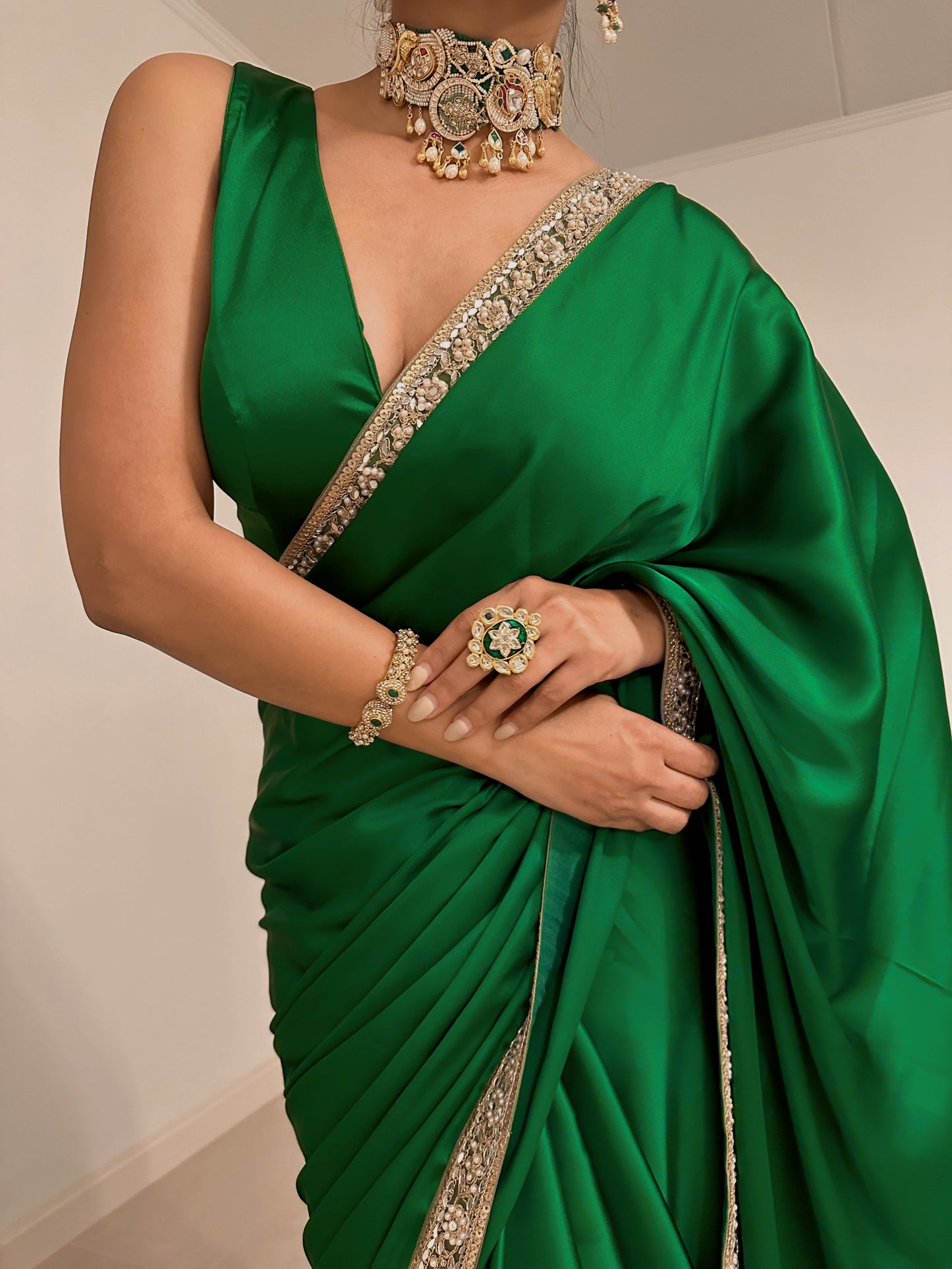 Green Satin Saree Set ( Blouse included )